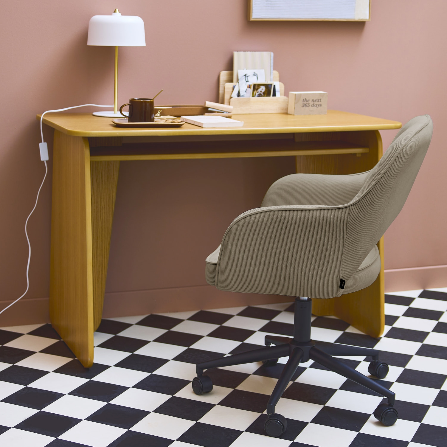 Chaise de bureau à roulettes velours côtelé beige L 60 x P 62 x H 89 / 99cm