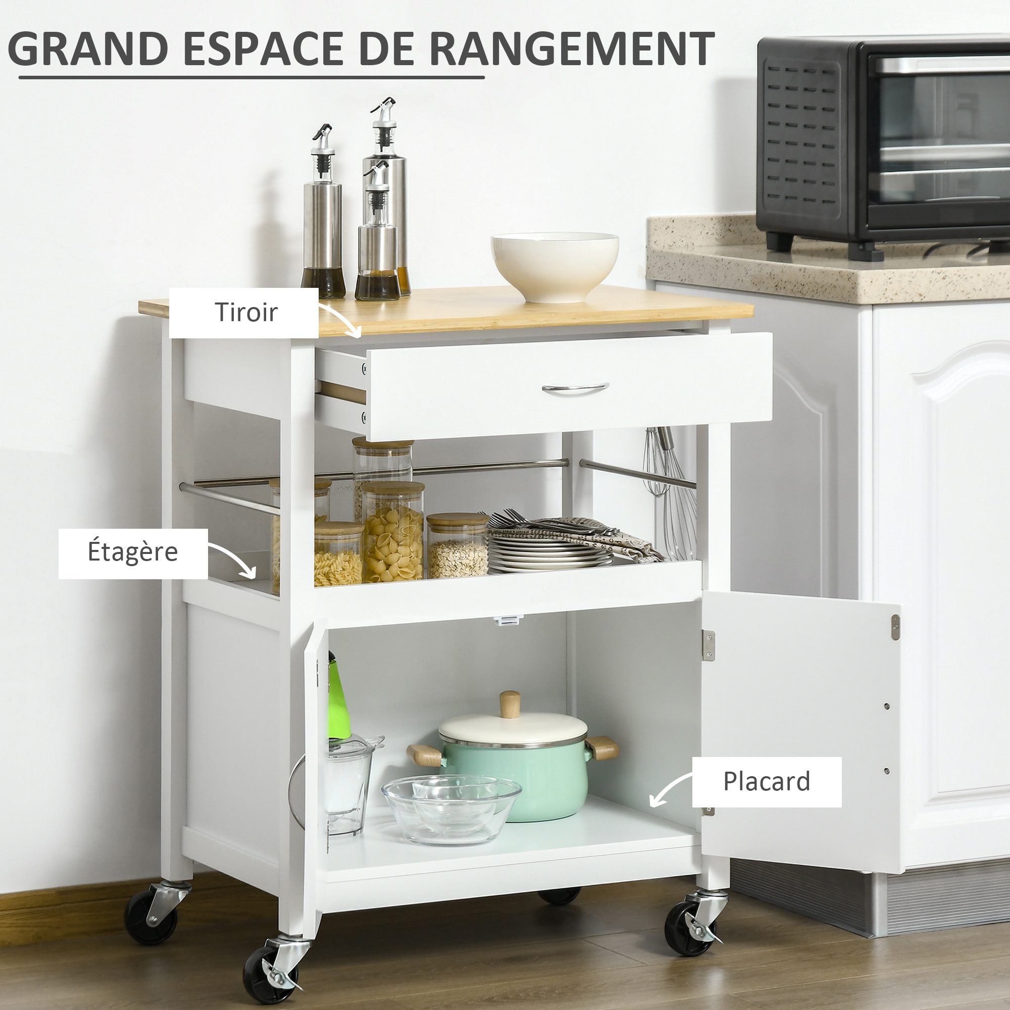 Desserte de cuisine multi-rangements - dim. 73L x 50l x 91H cm - poignées métal MDF blanc plateau bois bambou verni