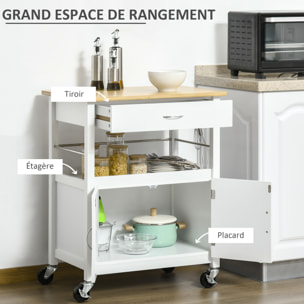 Desserte de cuisine multi-rangements - dim. 73L x 50l x 91H cm - poignées métal MDF blanc plateau bois bambou verni