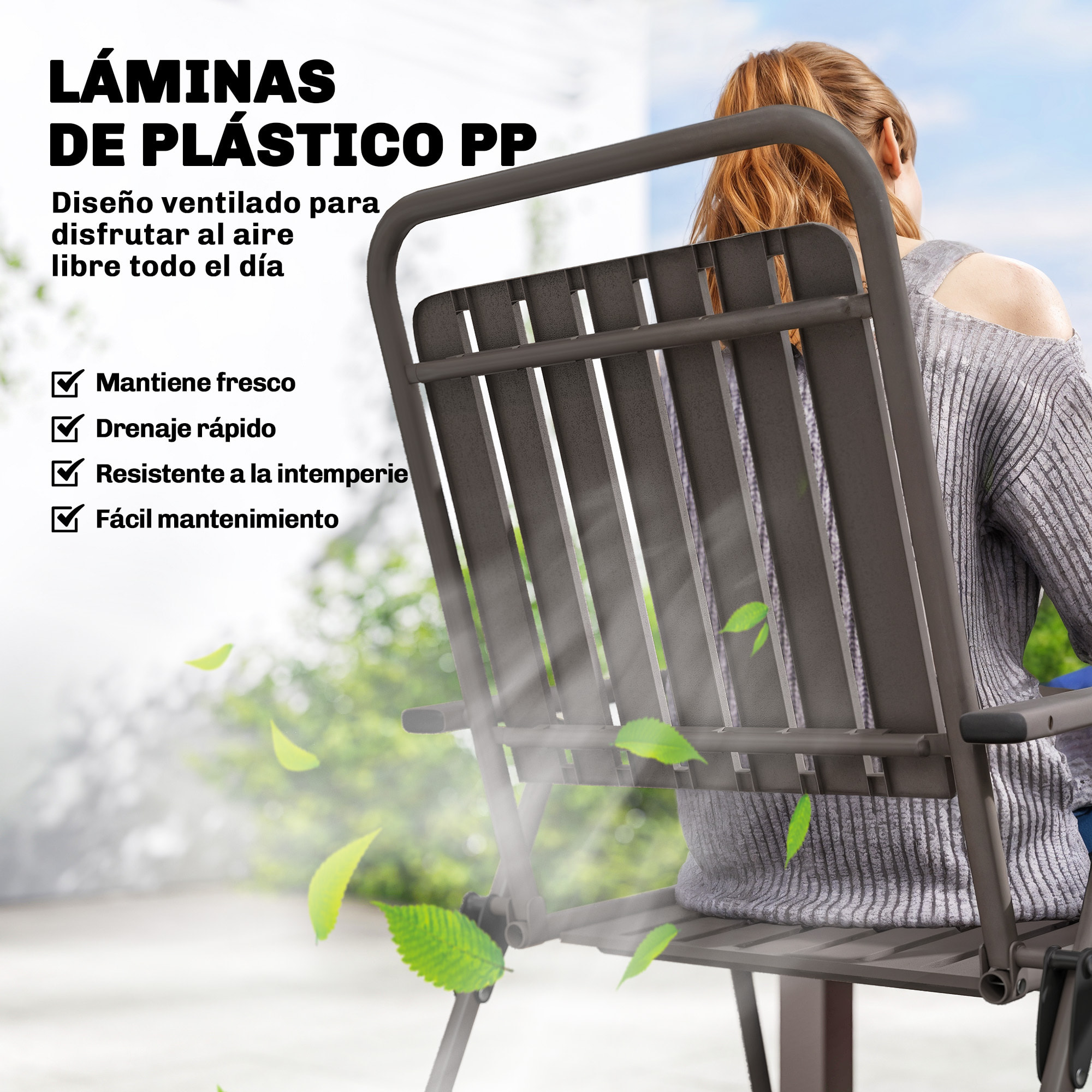 Juego de 4 Sillas de Jardín Exterior Plegables, Sillas Terraza Exterior con Reposabrazos, Respaldo y Asiento de PP, Marco Metálico, 55x63x93 cm, Marrón