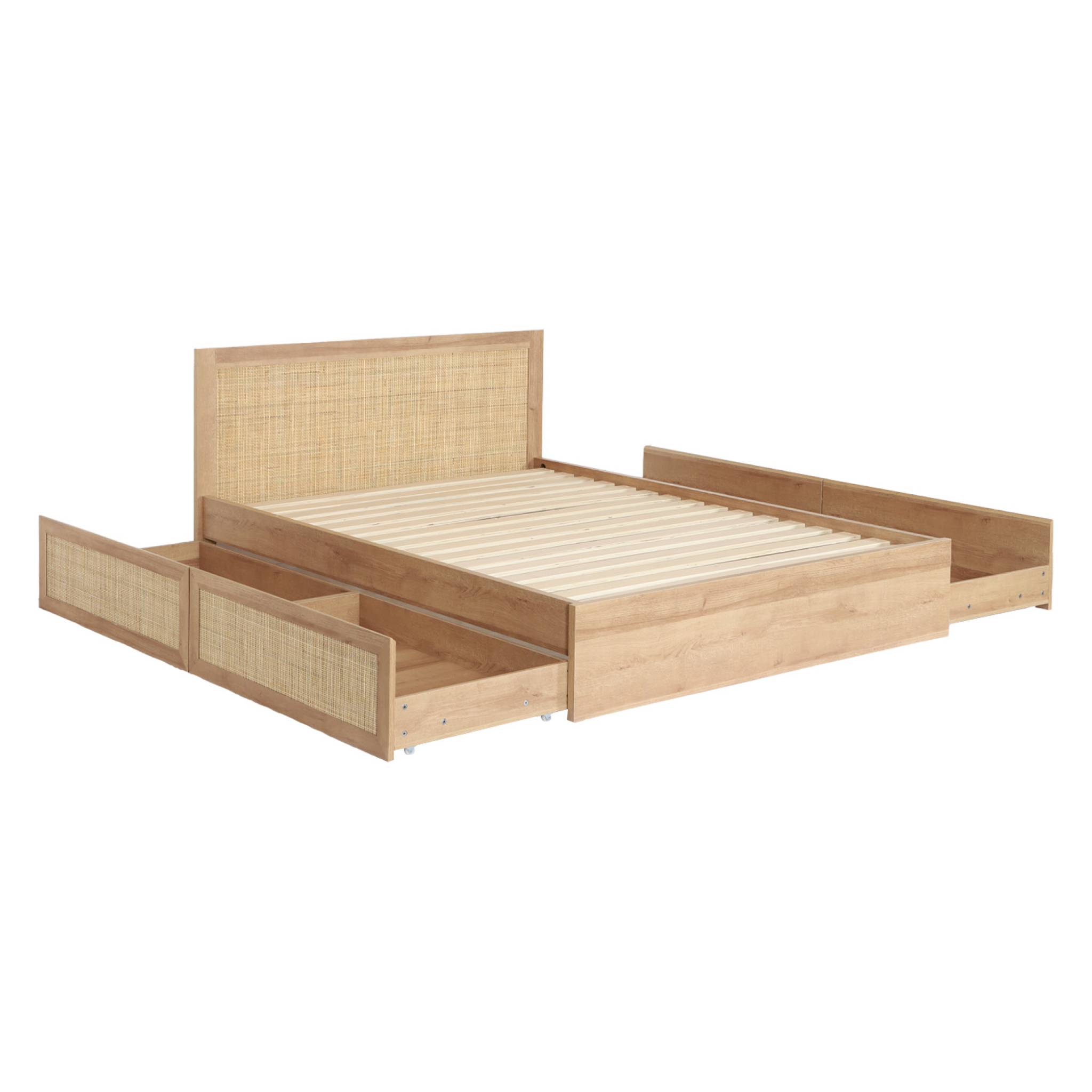 Lit bohème avec sommier à lattes et tête de lit 140 x 190cm + 4 tiroirs décor bois et cannage BOHÈME