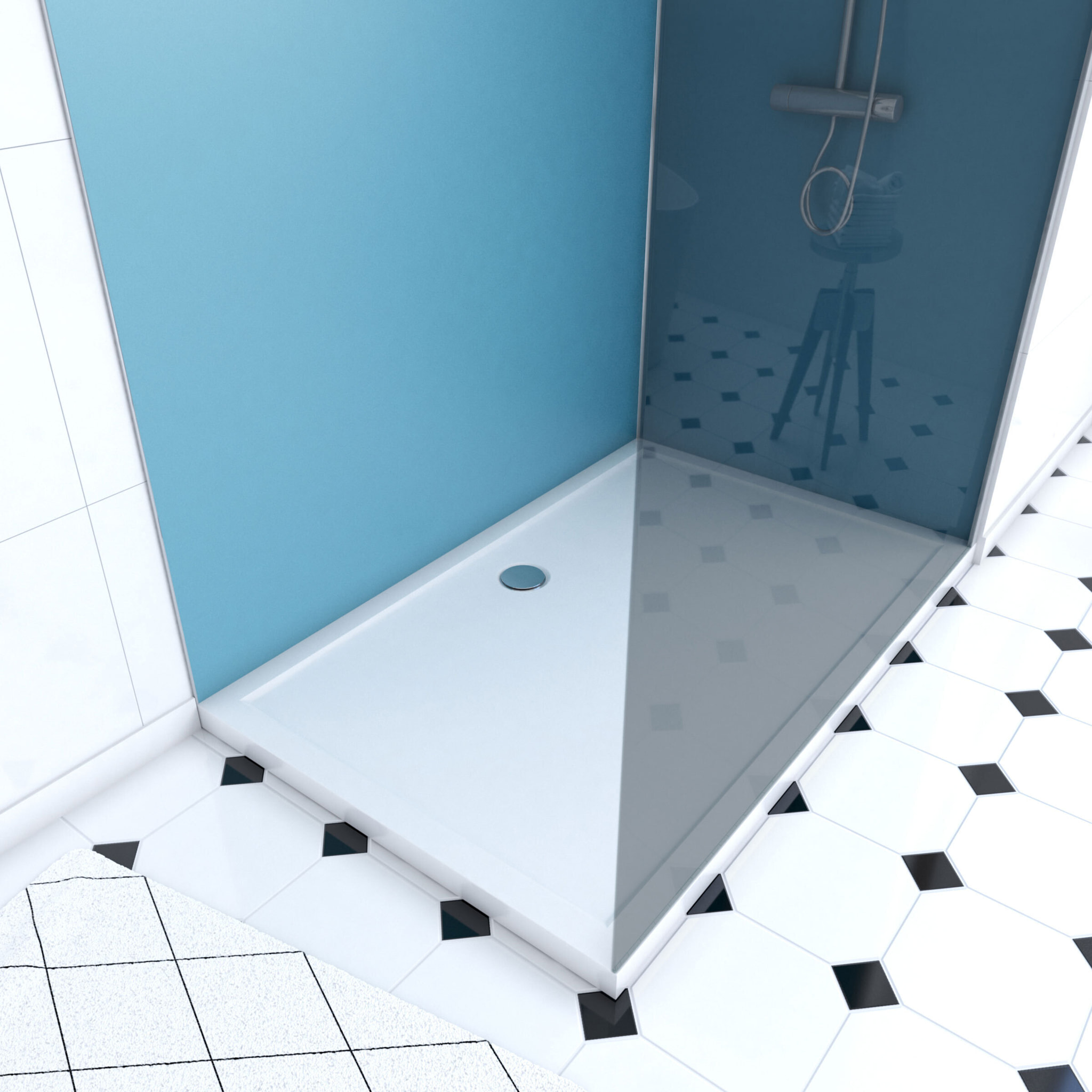Pack Douche a l'Italienne 90x120 - Kit Panneaux Muraux Bleu/Chrome + Receveur + Paroi Fumee 8 mm