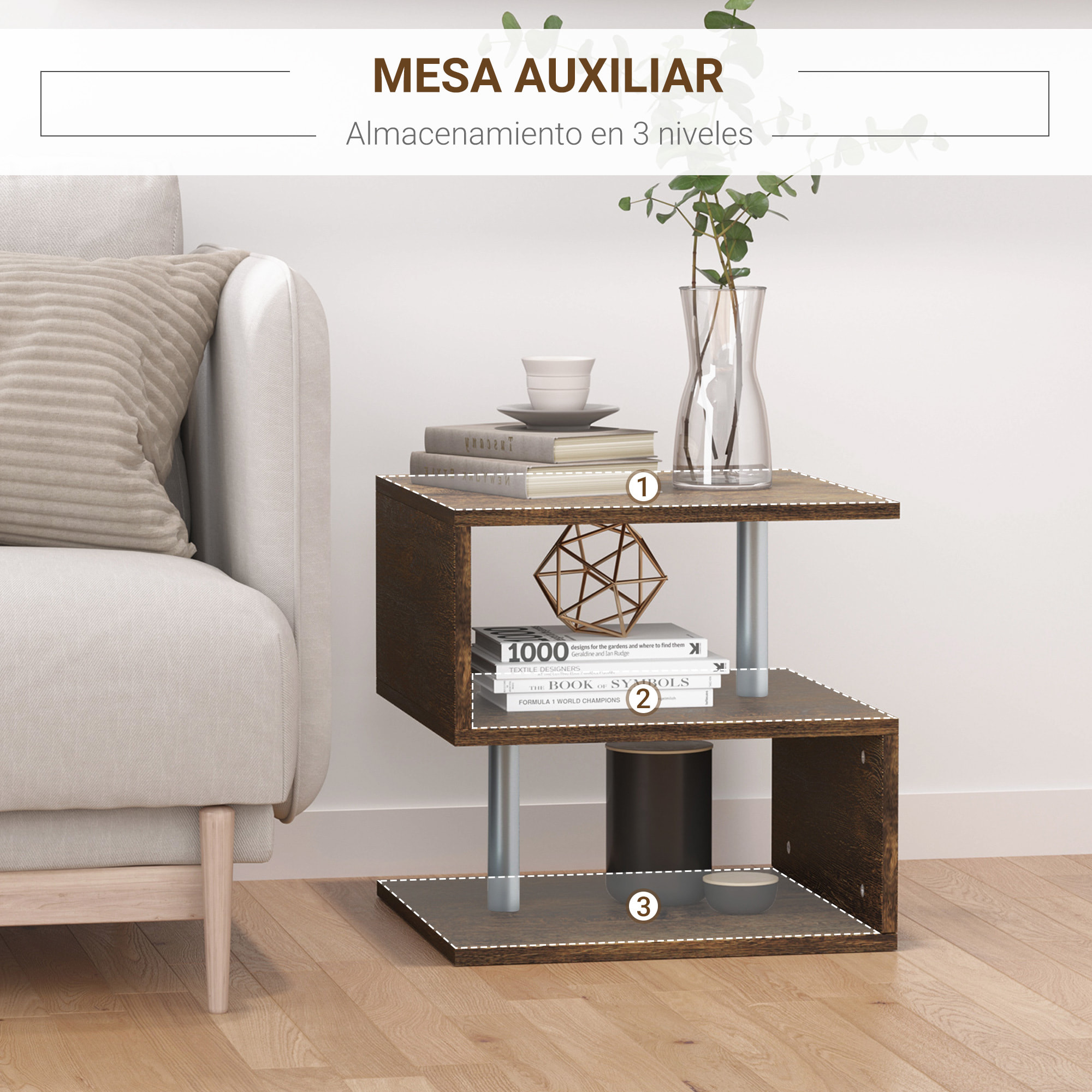 Mesa Lateral con 3 Niveles de Metal 48x48x48cm Madera Antiguo