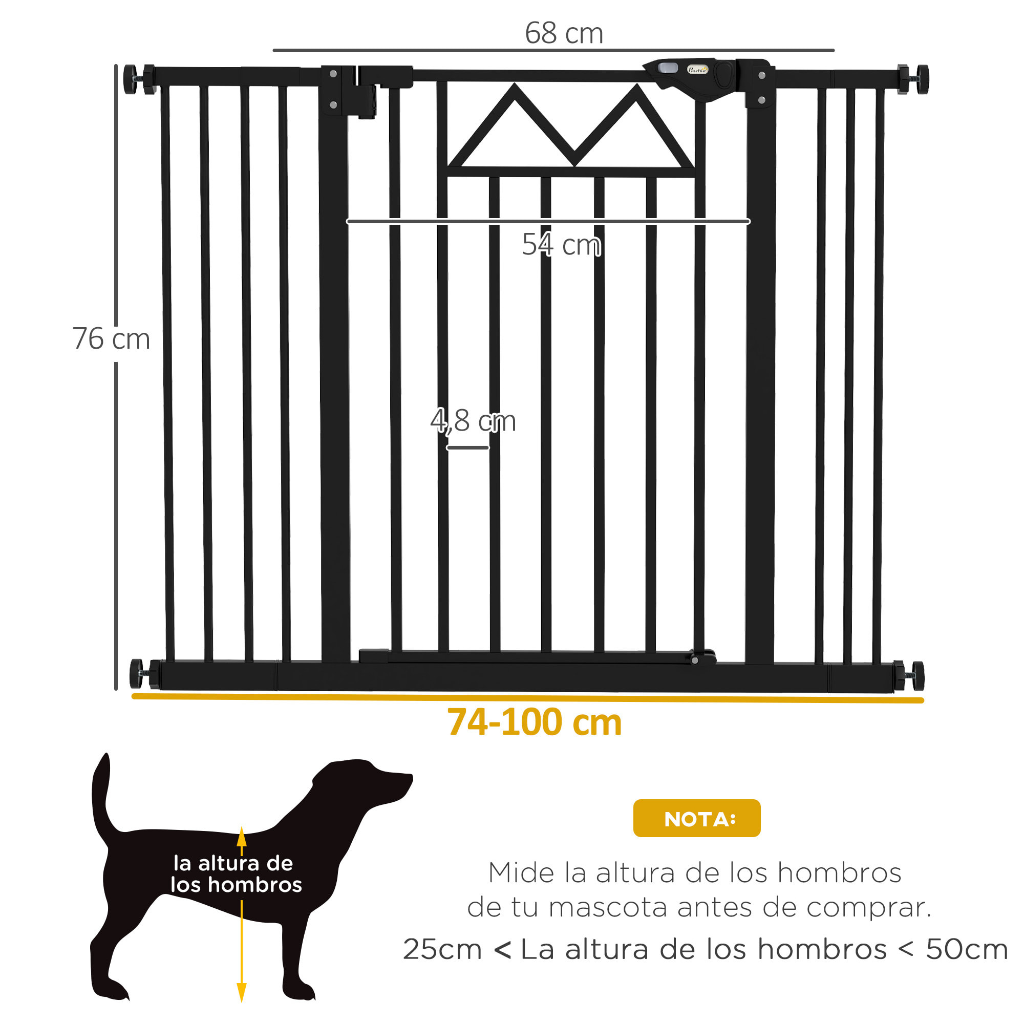 Barrera de Seguridad Extensible Barrera para Mascotas con Cierre Automático y Sistema de Doble Bloqueo para Puerta Pasillo Escalera 74-100x76 cm Negro