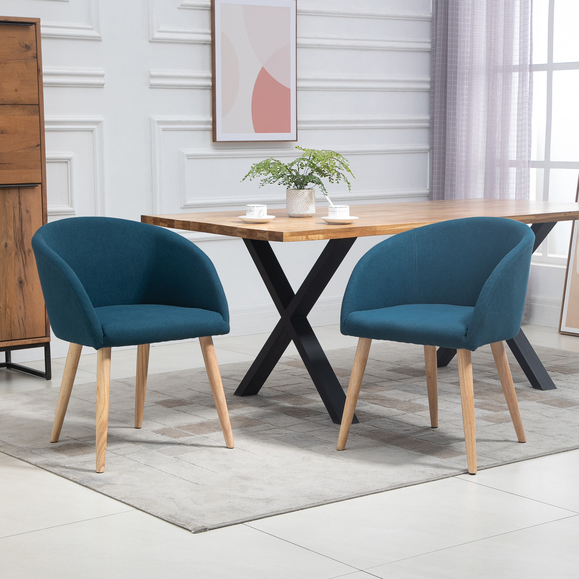 HOMCOM Chaises de visiteur design scandinave - lot de 2 chaises - pieds inclinés effilés bois caoutchouc - assise dossier accoudoirs ergonomiques aspect lin bleu canard