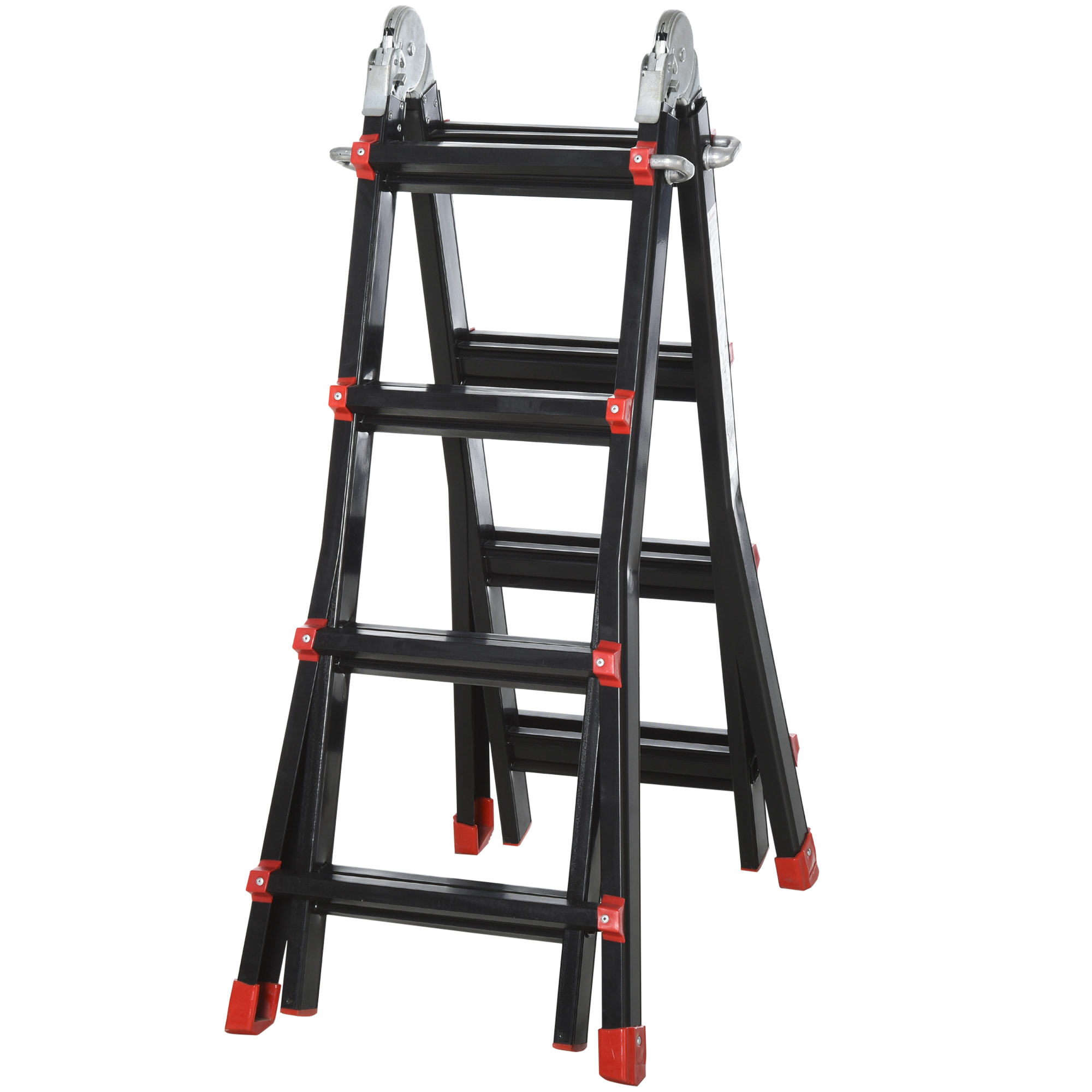 Escalera Telescópica de Aluminio 4 m Escalera Extensible Plegable con 8 Peldaños Ajustables y 2 Formas Escalera Multiusos Carga 150 kg Negro y Rojo