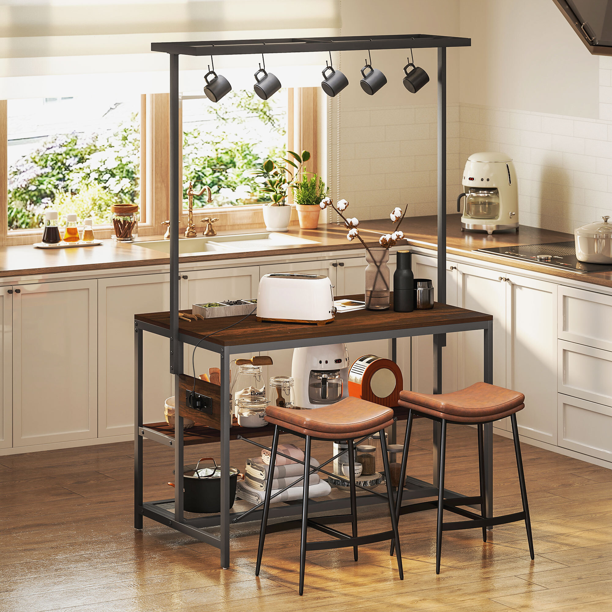 Estantería de Cocina con Toma de Corriente Estante de Cocina Industrial con Estantes Ganchos Mueble Auxiliar para Comedor Salón 116x70x182 cm Marrón Rústico