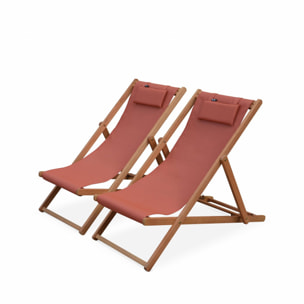 Chiliennes bois - Creus - 2 transats en bois d'Eucalyptus huilé avec coussin repose-tête terra cotta