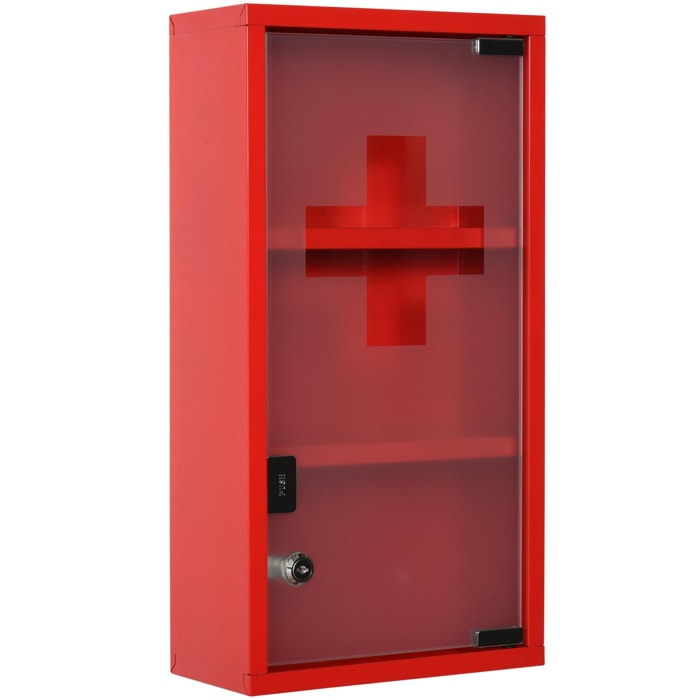 Armoire à pharmacie 2 étagères 3 niveaux verrouillable porte verre trempé dépoli logo croix 25L x 12l x 48H cm acier rouge