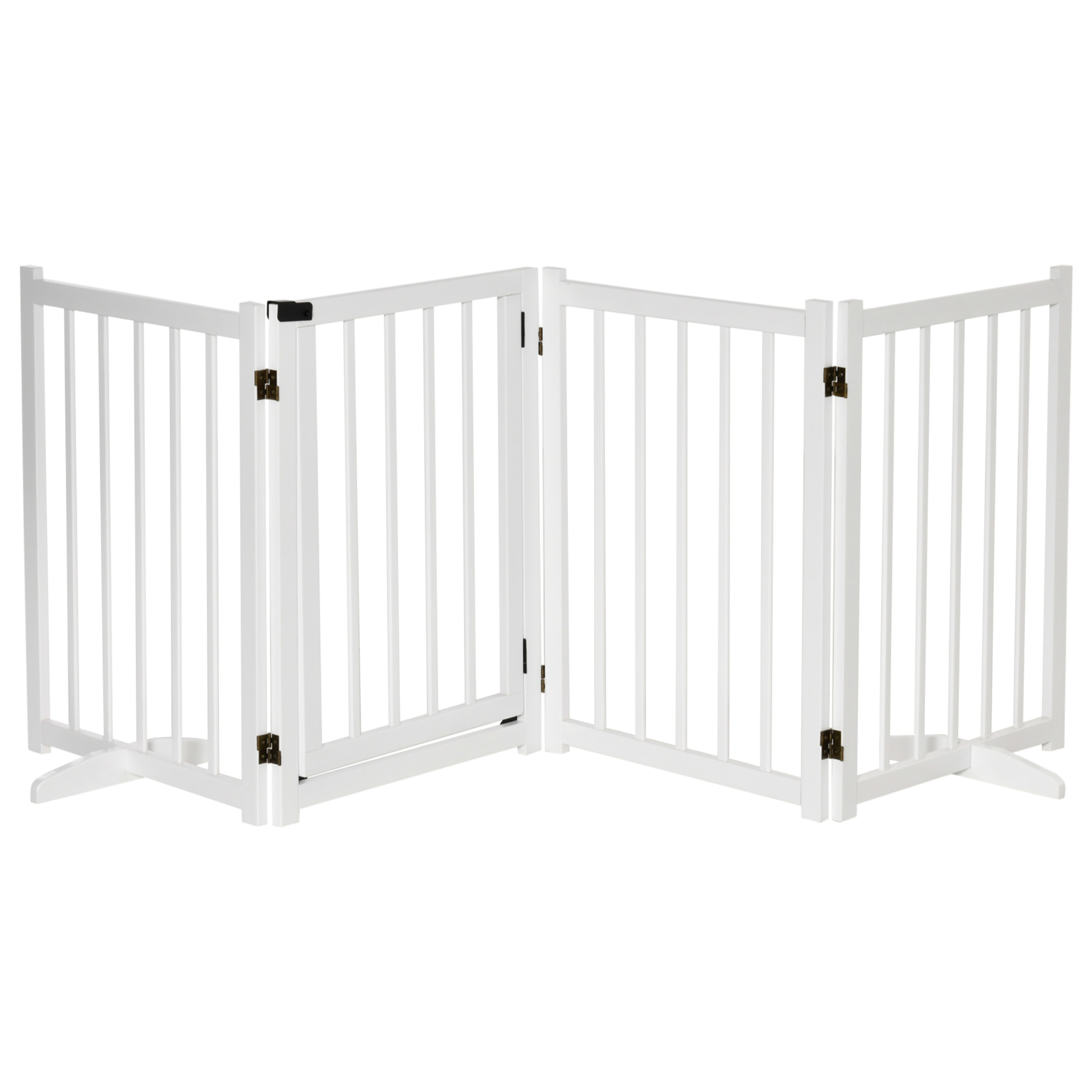 PawHut Barrera para Perros Plegable Valla para Perros Pequeños y Medianos de 4 Paneles con Puerta Barrera de Seguridad de Madera para Escaleras Pasillos 237,5x36x80 cm Blanco