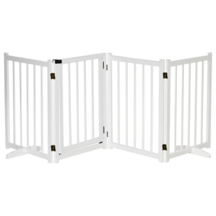 PawHut Barrera para Perros Plegable Valla para Perros Pequeños y Medianos de 4 Paneles con Puerta Barrera de Seguridad de Madera para Escaleras Pasillos 237,5x36x80 cm Blanco