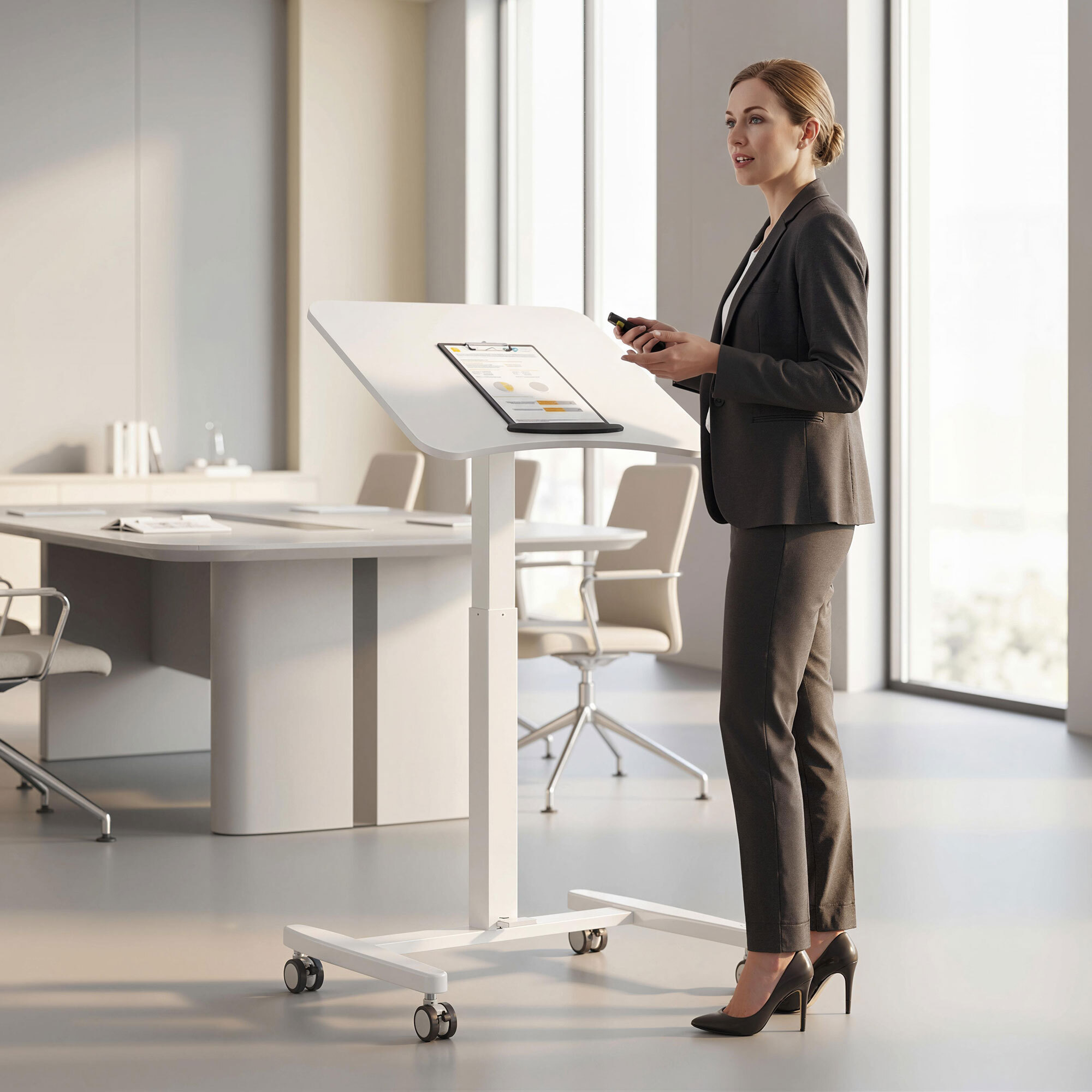 Bureau assis-debout mobile réglable table de lit 2 en 1 plateau inclinable blanc