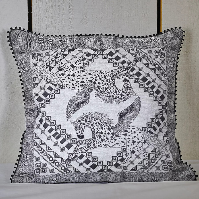 Housse de coussin satin de coton motif jacquard gris Cheval aile fusain