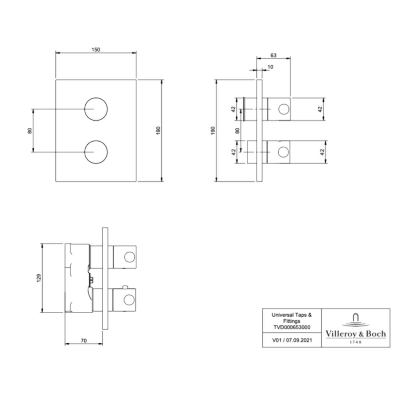 Mitigeur thermostatique encastré 2 voies Universal rectangle Noir mat