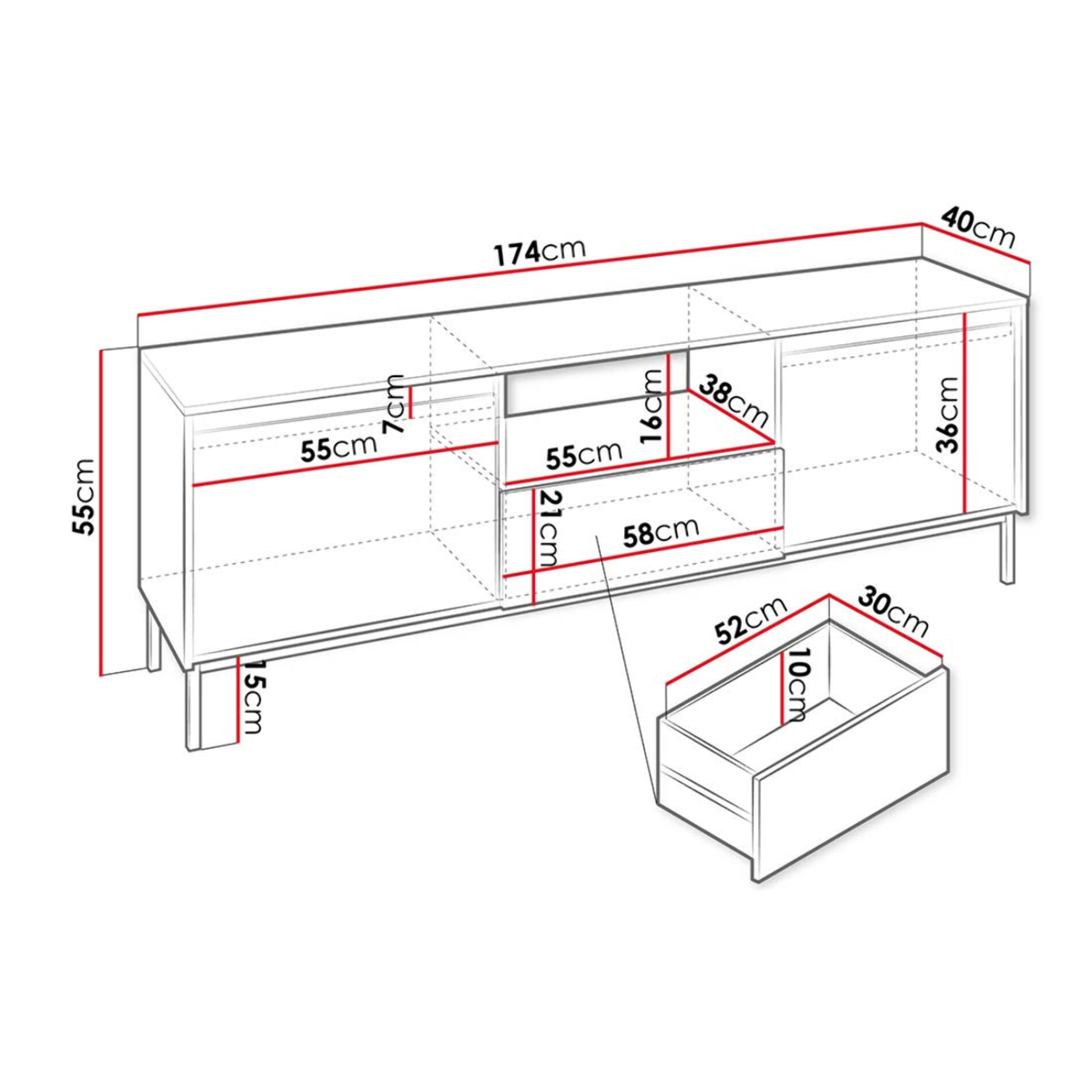 Girona - meuble tv ouvert - blanc - 2 portes, 1 tiroir et 1 niche - 174 cm - Blanc