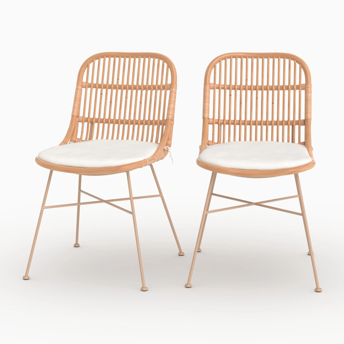 Lot de 2 chaises en rotin beige et pieds en métal beige - Moon