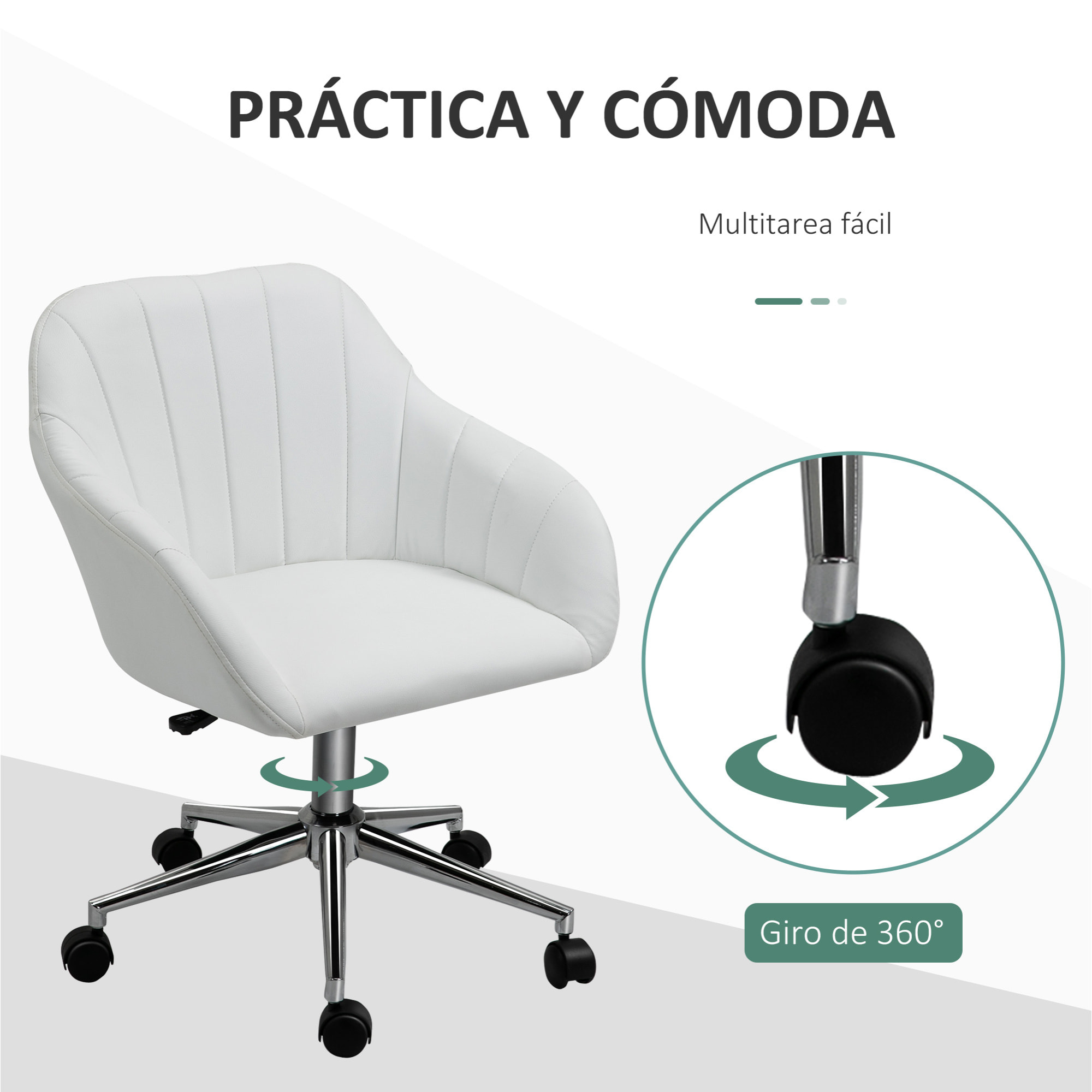 Silla de Oficina Ergonómica Silla de Escritorio Giratoria con Altura Ajustable Respaldo y Reposabrazos de Piel Sintética Carga 120 kg 60x59x79-89 cm Blanco