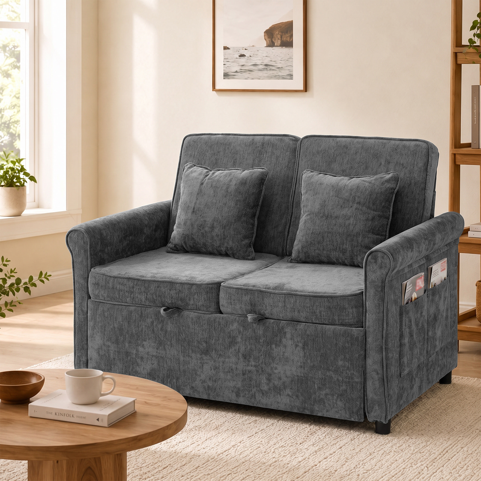 Sofá Cama 2 Plazas 3 en 1, Sofá Cama de Tejido Chenilla con Respaldo Ajustable 5 Niveles, Bolsillos Laterales, 2 Cojines y Reposabrazos Redondeados para Sala de Estar, Espacios Pequeños, Gris