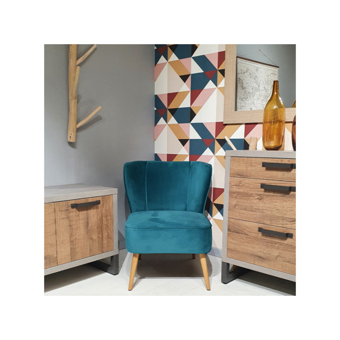 Fauteuil crapaud en velours bleu et piètement en bois - 2 coloris - LILLY