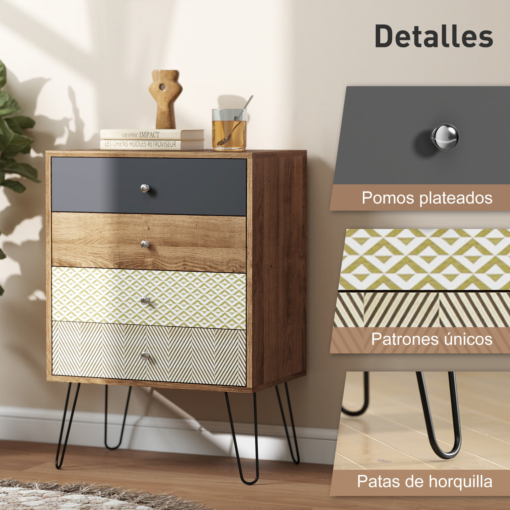 Cómoda 4 Cajones, Cómoda Dormitorio, con Patas de Horquilla de Acero, Cajonera para Salón, Oficina, Estilo Bohemio, 60x39x86 cm, Multicolor