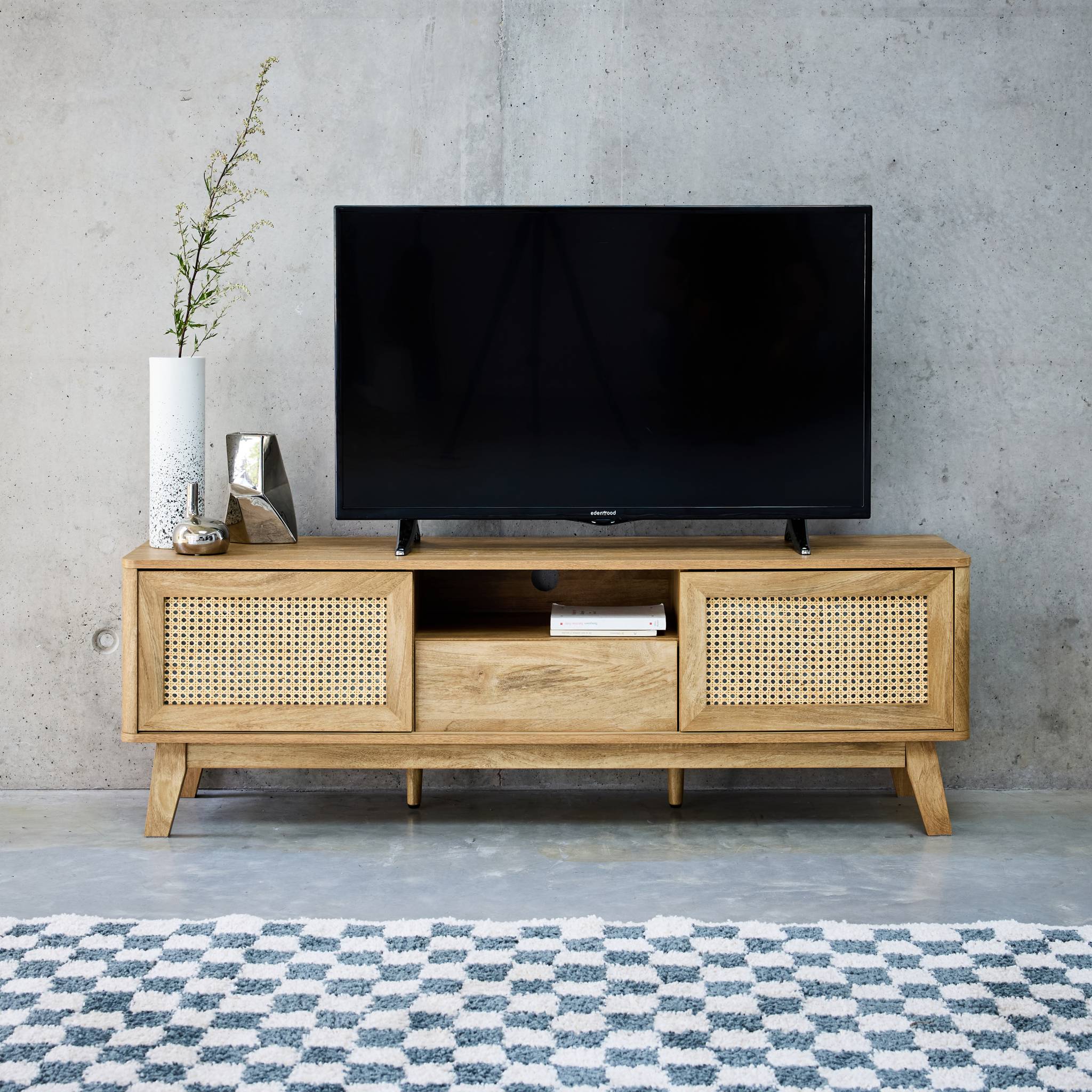 Meuble TV portes coulissantes. casier fermé. étagère effet bois et cannage 150cm