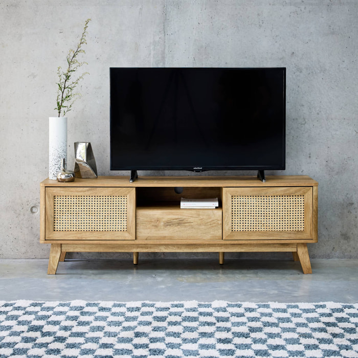 Meuble TV portes coulissantes. casier fermé. étagère effet bois et cannage 150cm