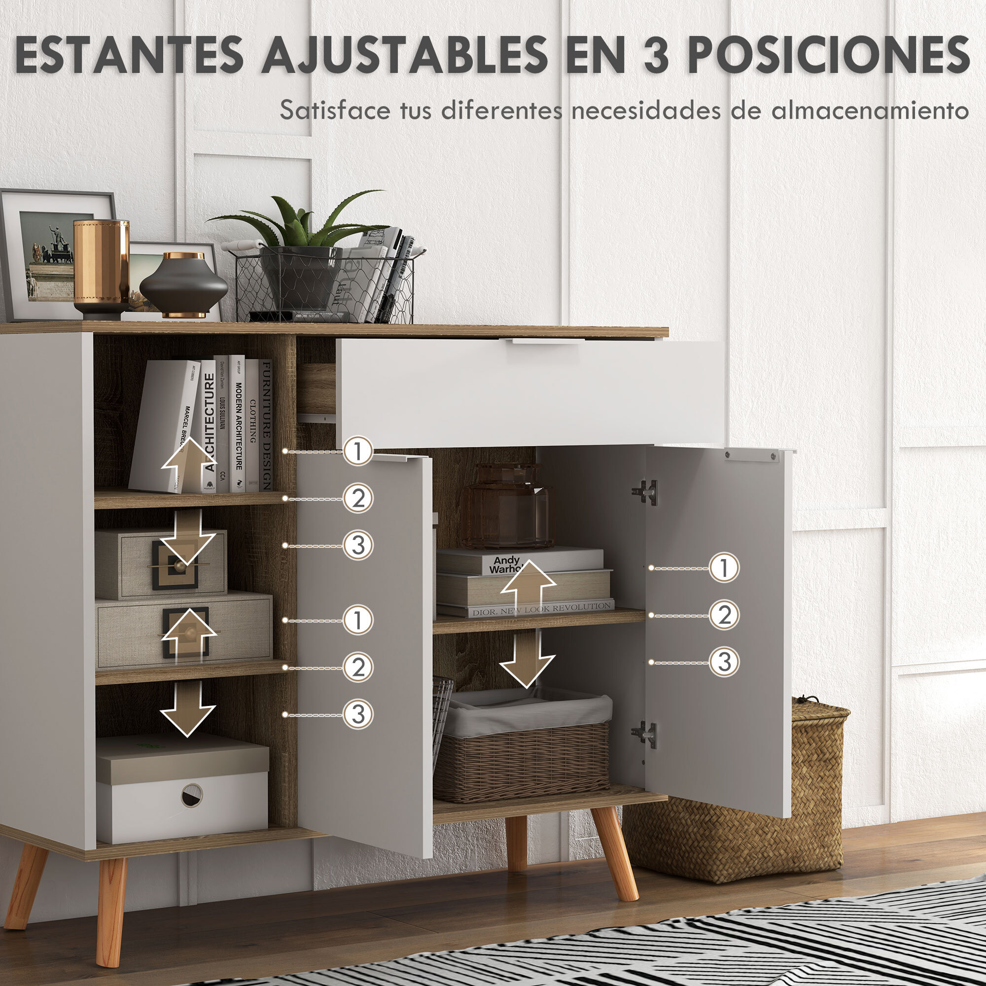 Aparador de Salón Moderno Aparador de Cocina con 1 Cajón 2 Puertas de Cierre Suave y Estantes Ajustables para Comedor Pasillo Dormitorio 95x35x85 cm Blanco y Natural