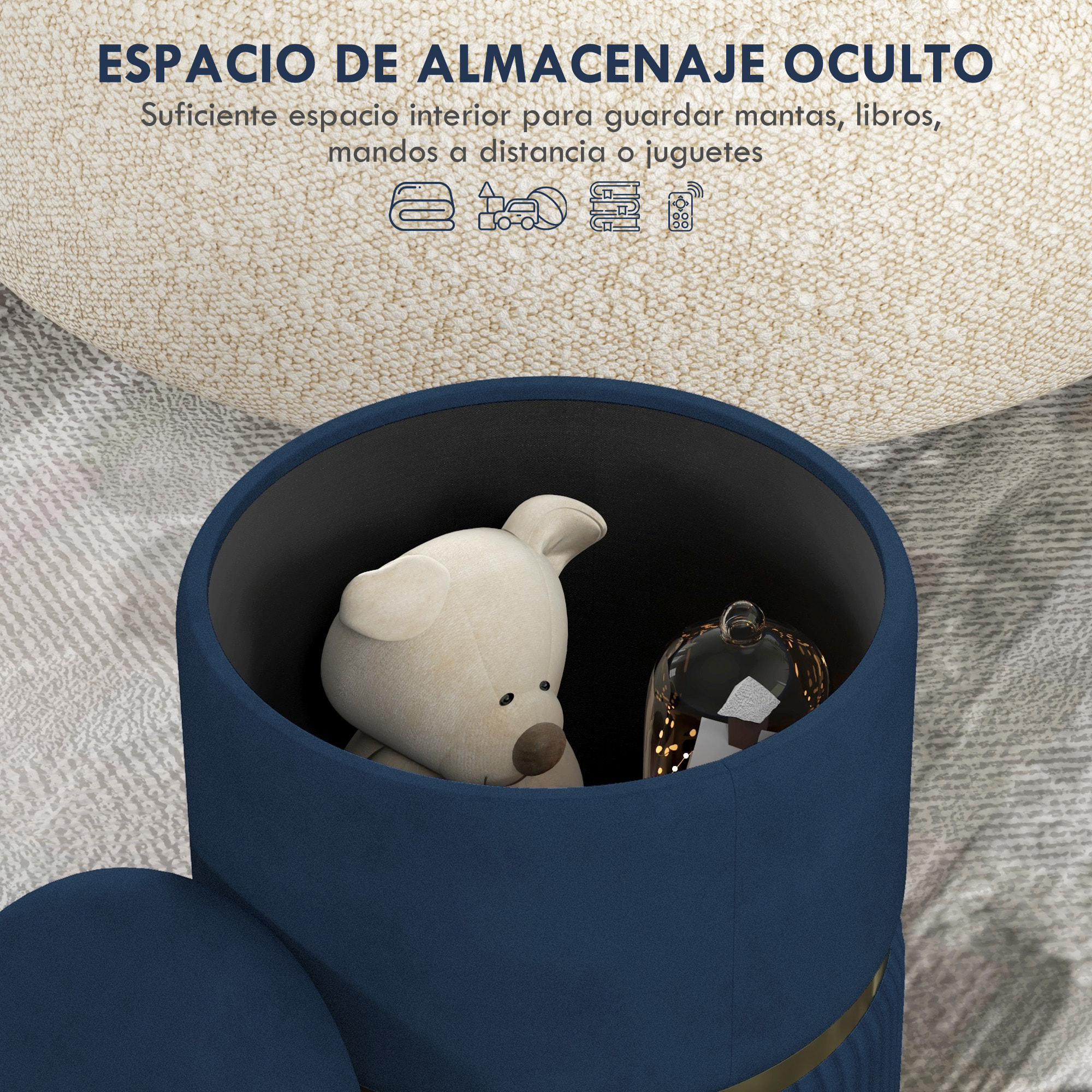 Baúl de Almacenaje para Dormitorio Puff Almacenaje Tapizado en Terciopelo Banco de Almacenaje con Patas Antideslizantes Ø36x44 cm Azul Oscuro