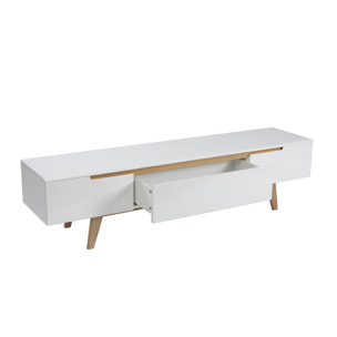 Meuble TV scandinave blanc brillant et bois L180 cm MELKA