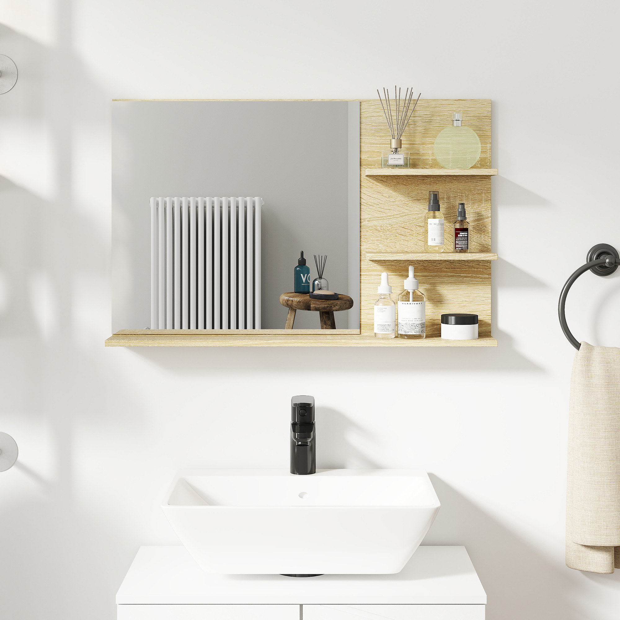 Espejo de Baño con 2 Estantes Laterales y Estante Inferior, Espejo de Pared, Estilo Moderno, para Entrada, Pasillo, 75x10x48 cm, Madera Natural