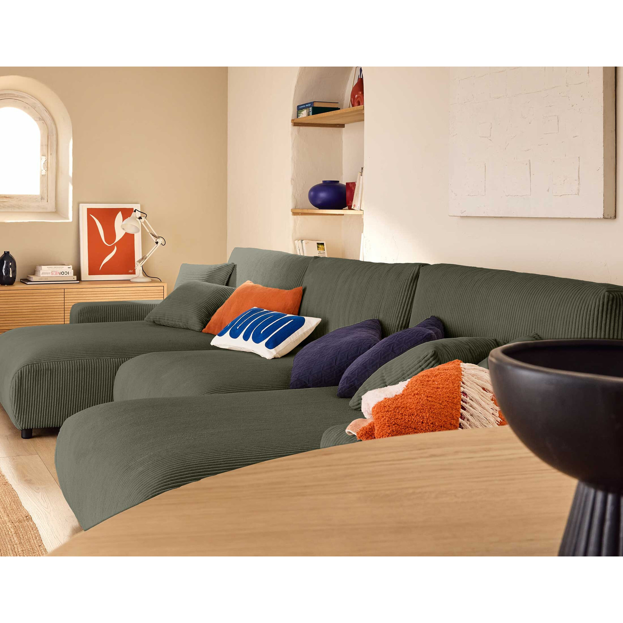 Pivoine - canapé panoramique en U - 7 places - convertible avec coffre - en velours côtelé - Vert
