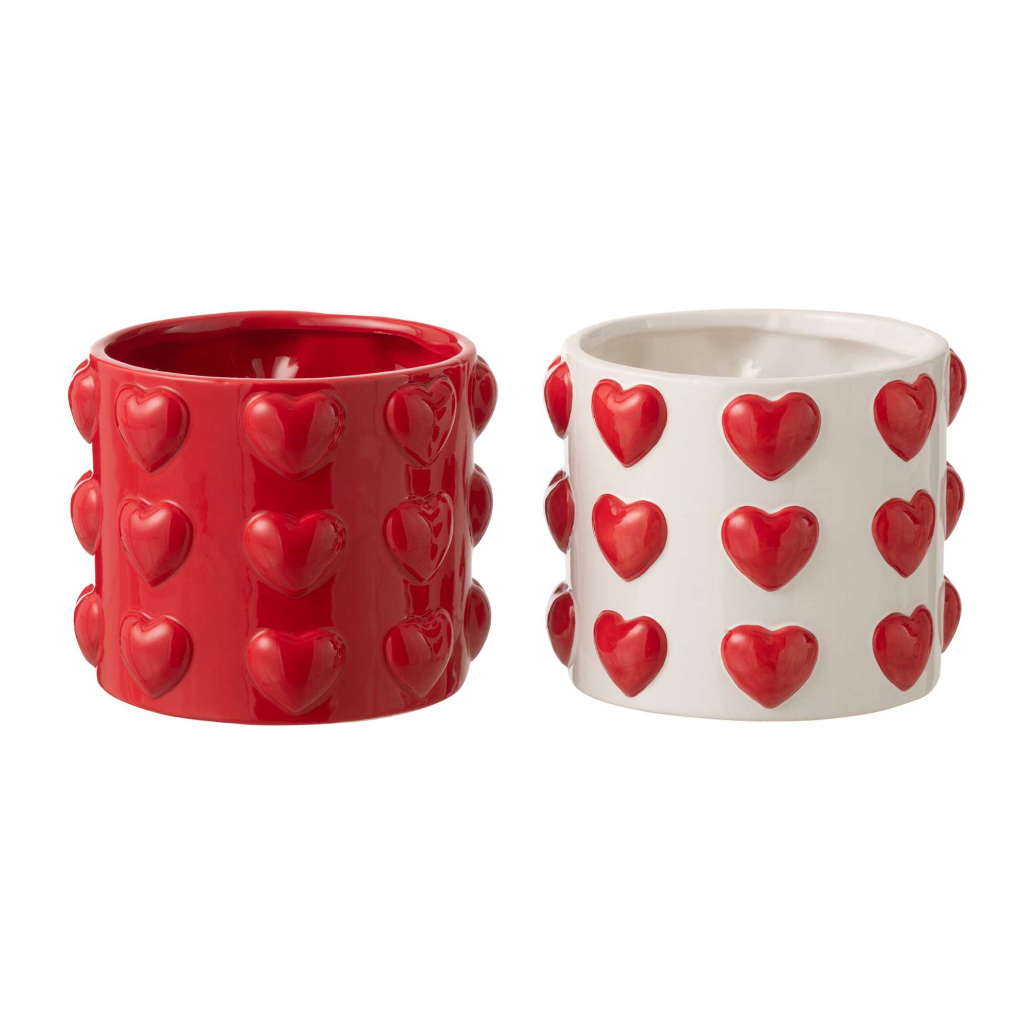 J-Line Cache-pot Motif Coeurs - céramique - blanc/rouge - 2 pièces