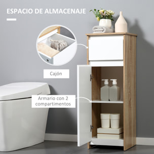 Armario Bajo para Baño Mueble Auxiliar de Madera con Cajón y Armario con 2 Estantes para Salón Dormitorio Cocina 32,6x30x90 cm Color Natural y Blanco