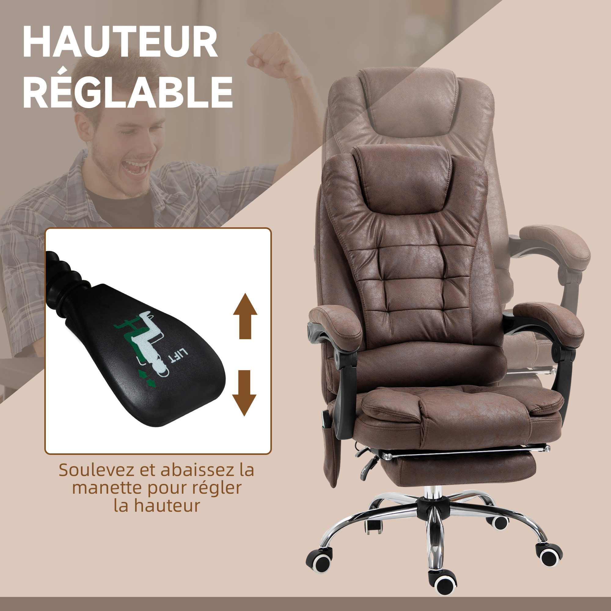 Fauteuil de bureau direction massant chauffant hauteur réglable dossier inclinable repose-pied rétractable tissu technique marron