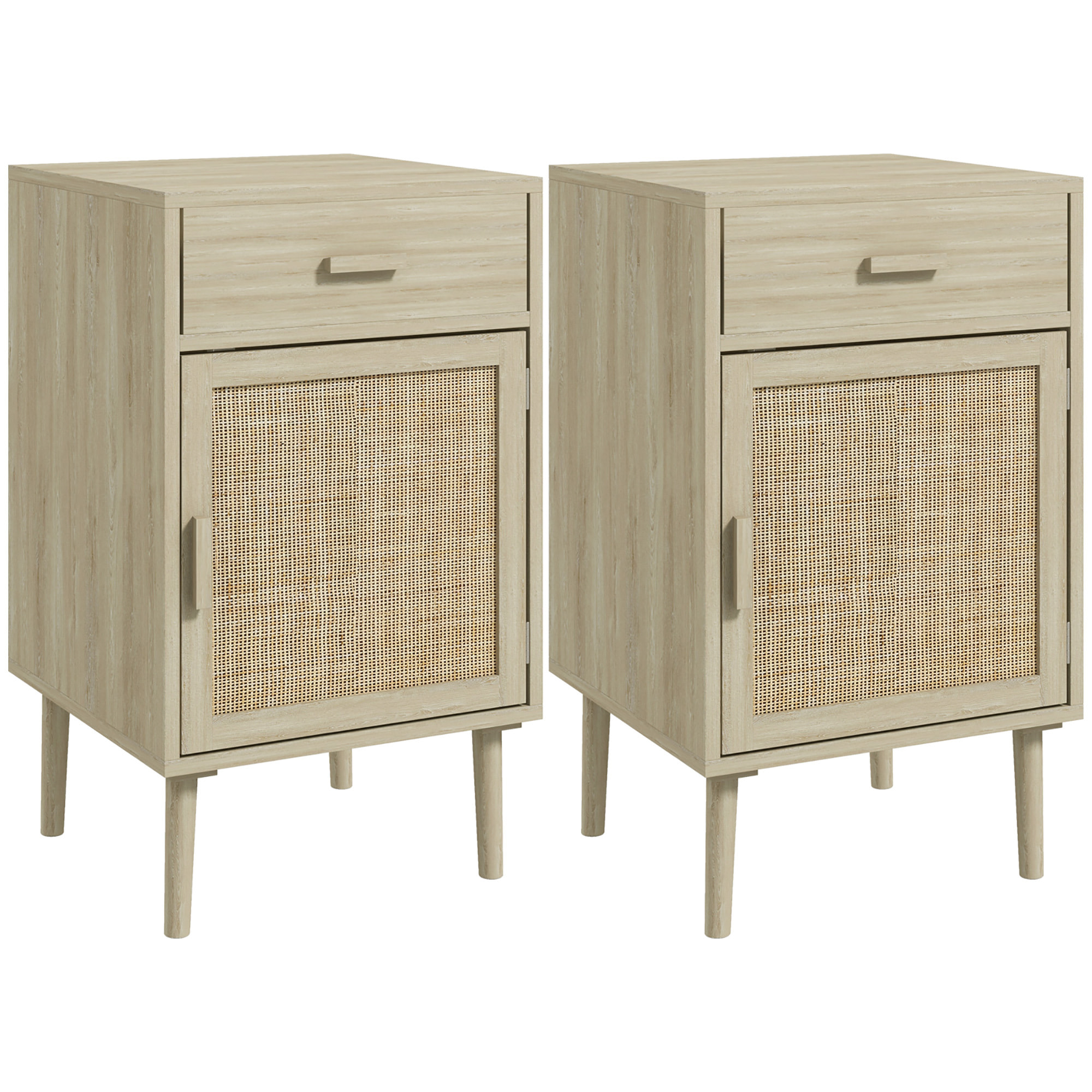 Juego de 2 Mesitas de Noche Mesillas de Noche Mesitas Auxiliares con Cajón de Ratán y Estante Ajustable para Dormitorio Salón 40x40x68,5 cm Roble