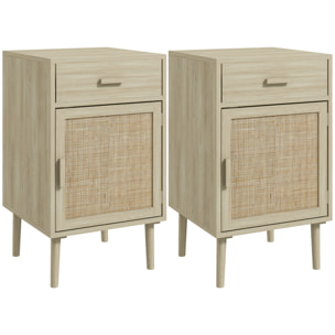 Juego de 2 Mesitas de Noche Mesillas de Noche Mesitas Auxiliares con Cajón de Ratán y Estante Ajustable para Dormitorio Salón 40x40x68,5 cm Roble