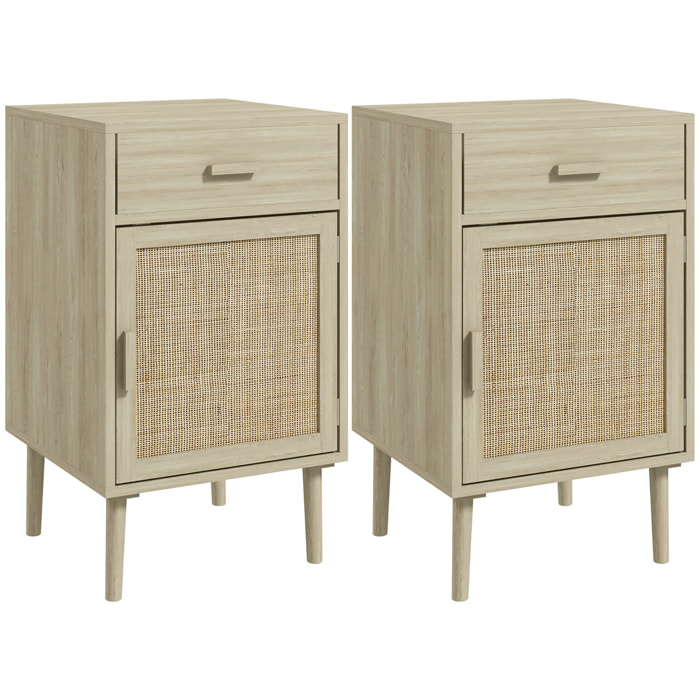 Juego de 2 Mesitas de Noche Mesillas de Noche Mesitas Auxiliares con Cajón de Ratán y Estante Ajustable para Dormitorio Salón 40x40x68,5 cm Roble