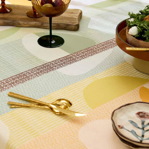 Nappe pur coton 205 g/m² motif jacquard vert orange Mille galets terre cuite