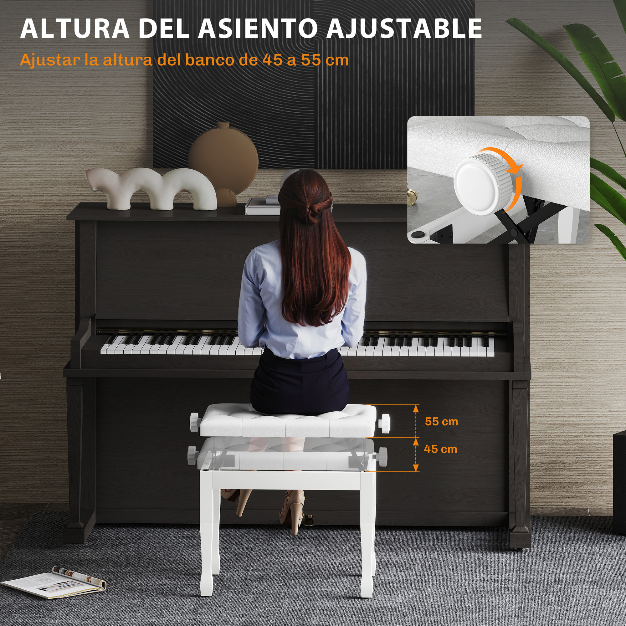 Banco de Piano, Altura Ajustable, Banqueta de Piano con Asiento de Cuero Sintético, Patas de Madera, Carga Máxima 200 kg, 64x35x55 cm, Blanco