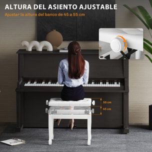 Banco de Piano, Altura Ajustable, Banqueta de Piano con Asiento de Cuero Sintético, Patas de Madera, Carga Máxima 200 kg, 64x35x55 cm, Blanco