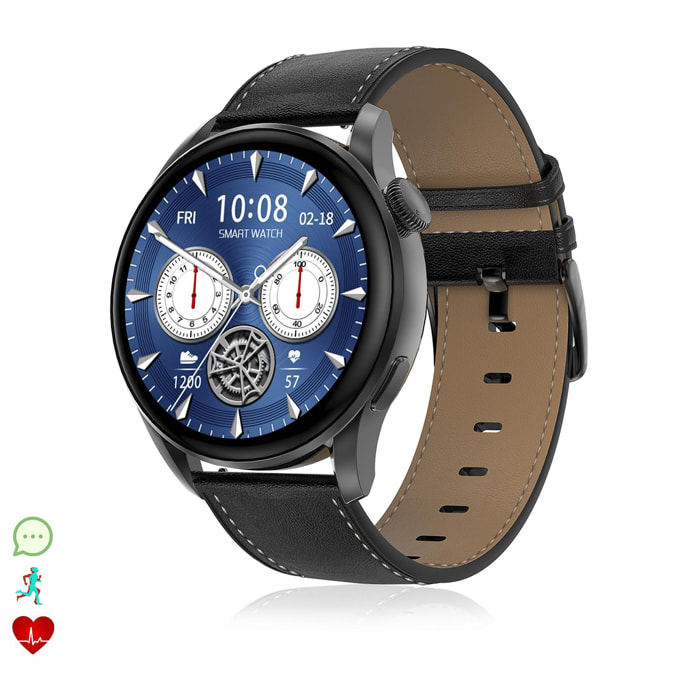 DAM Smartwatch DT3 con notificaciones, pantalla dividida, modos multideportivos y monitor cardíaco. Incluye correas de cuero y silicona. 4,5x1,2x5 Cm. Color: Negro