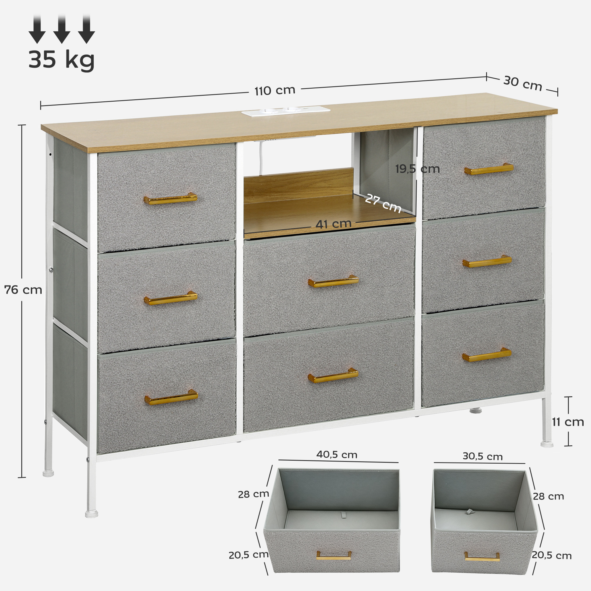 Cómoda con 8 Cajones Tapizado en Borreguito Cajonera de Tela con Estación de Carga Puerto USB Tipo-C y Estructura de Acero Cómoda para Dormitorio Pasillo Gris