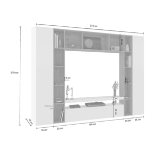 Parete attrezzata Gilberto, Set salotto porta TV a 3 ante, Mobile soggiorno multiuso, 100% Made in Italy, cm 270x35h210, Bianco lucido e Rovere