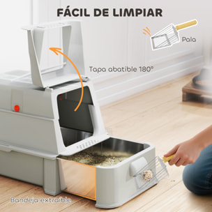 Arenero para Gatos de Acero Inoxidable XL, Caja de Arena para Gatos, Arenero con Tapa Abatible 180°, Laterales Altos, Pedal, Pala, sin Olores, Fácil de Limpiar, Antifugas, Gris Claro