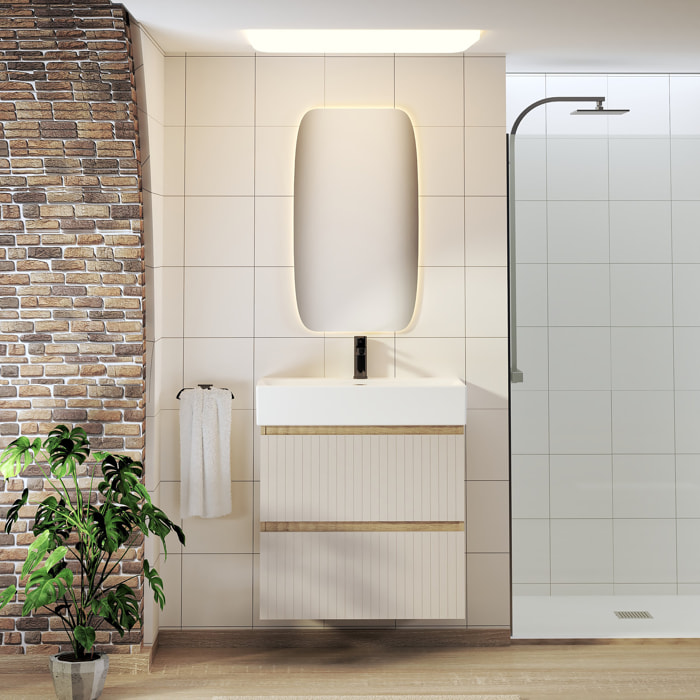 Ensemble de Salle de Bain Zel | Meuble Suspendu | 70 cm Glacier | Deux Tiroirs | Lavabo Encastré | Miroir non inclus | Meuble Monté | Alday