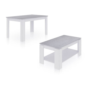 Pack mesa de comedor 140 y mesa de centro Lya Blanco Artik (Blanco Mate) - Gris Cemento