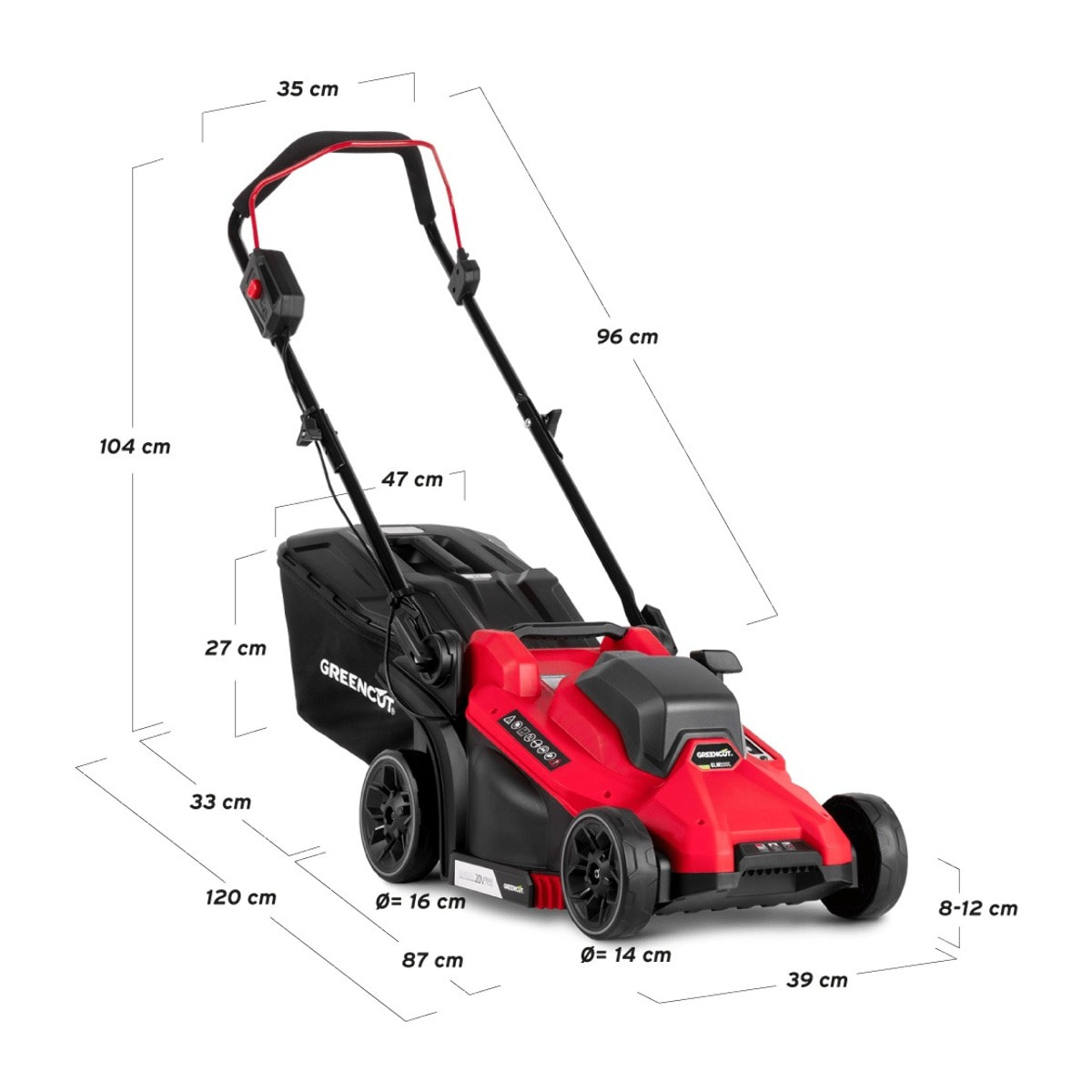 Cortacésped de batería 20V, corte de 330mm regulable en 5 alturas 25-65mm potente y ligero-Greencut GLM200L