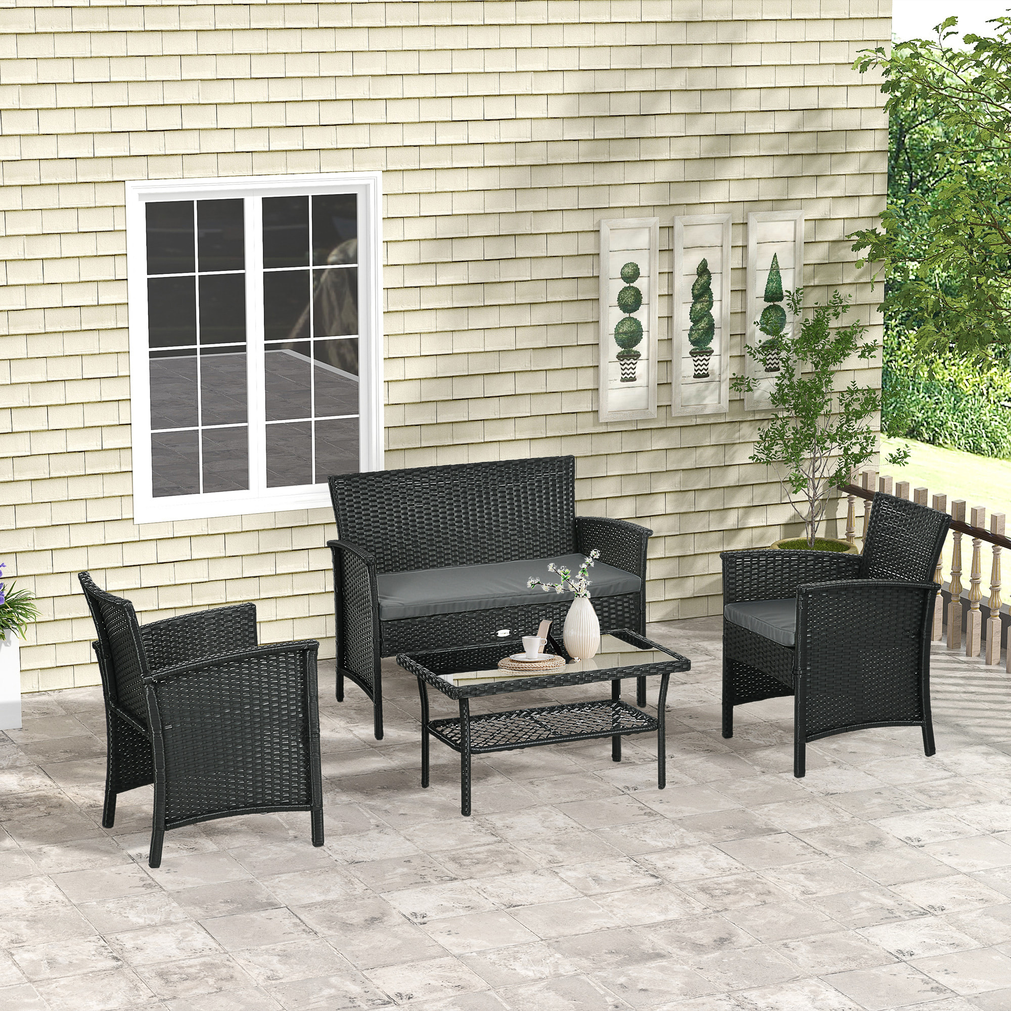 Outsunny Salotto da Esterno Rattan PE con Divanetto, 2 Poltrone con Cuscini e Tavolino in Vetro, Nero e Grigio