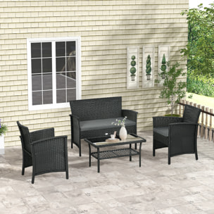 Outsunny Salotto da Esterno Rattan PE con Divanetto, 2 Poltrone con Cuscini e Tavolino in Vetro, Nero e Grigio