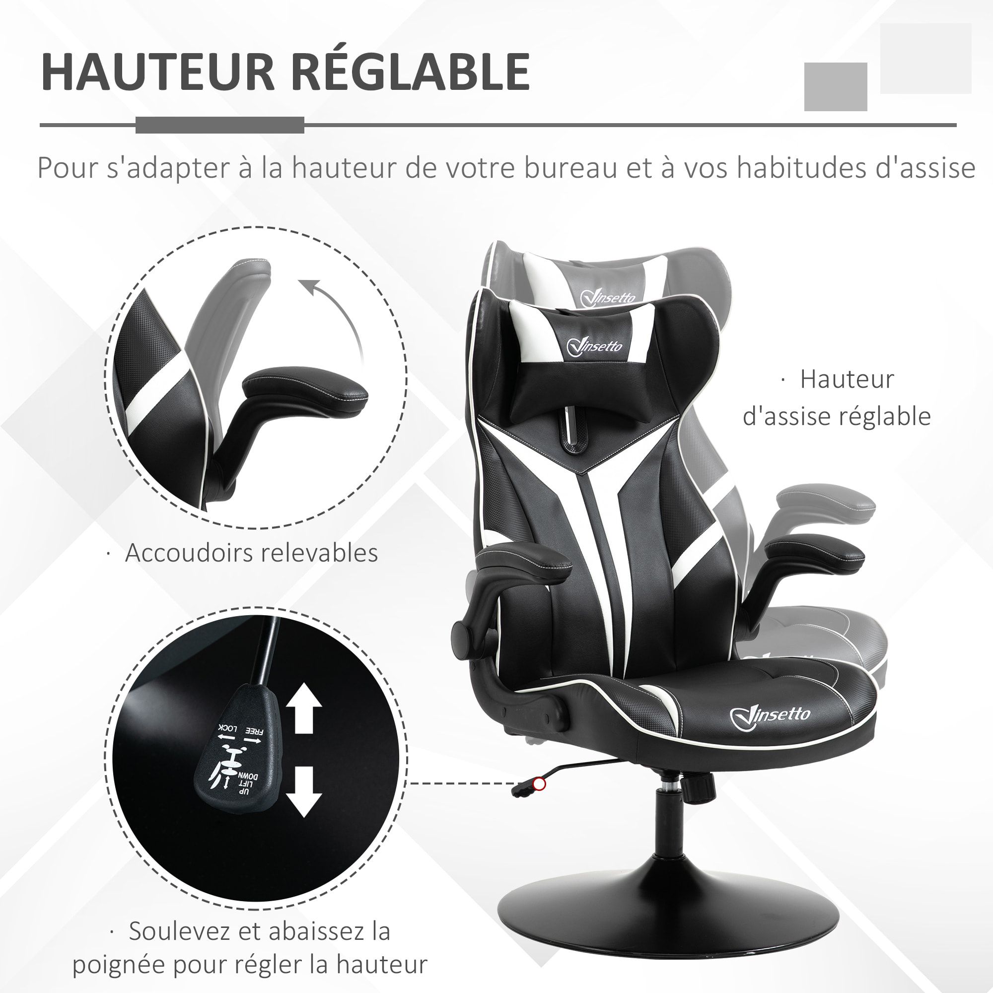 Fauteuil gaming base ronde métal pivotante 360° hauteur réglable tétière accoudoirs relevables PVC blanc noir